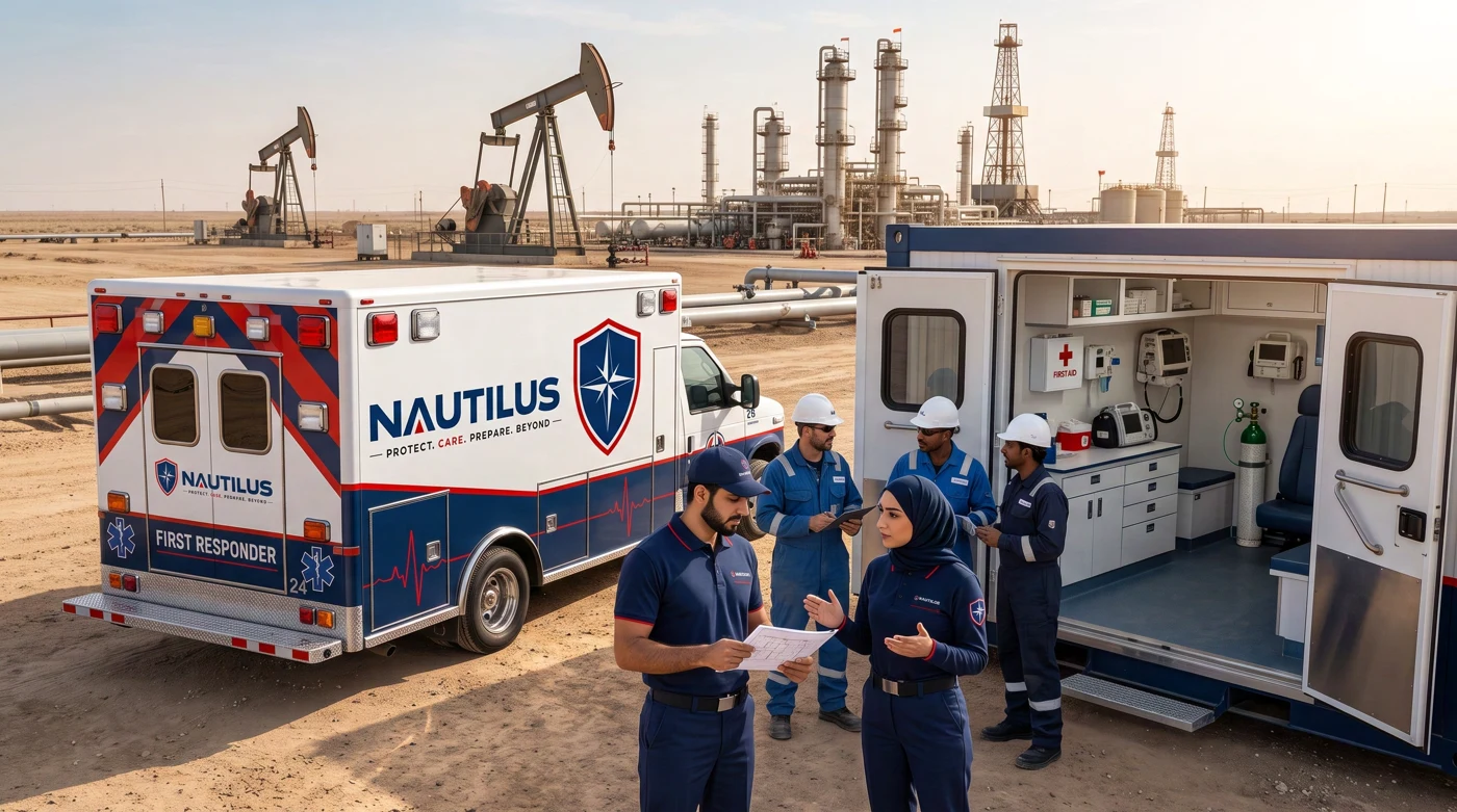 Nautilus brochure imagery of a site clinic, ambulance and medical personnel