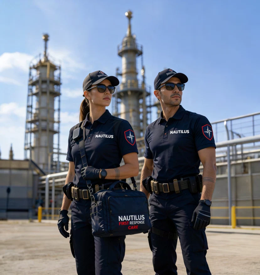 Illustrative medical personnel in an industrial setting